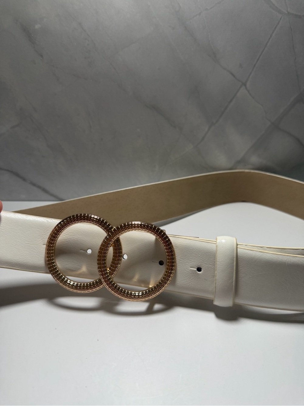 White faux leather interlocking double gold circle metal buckle womens belt